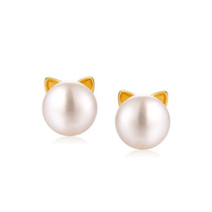 Pearl Earrings Cute Cat Stud Earrings Yellow gold